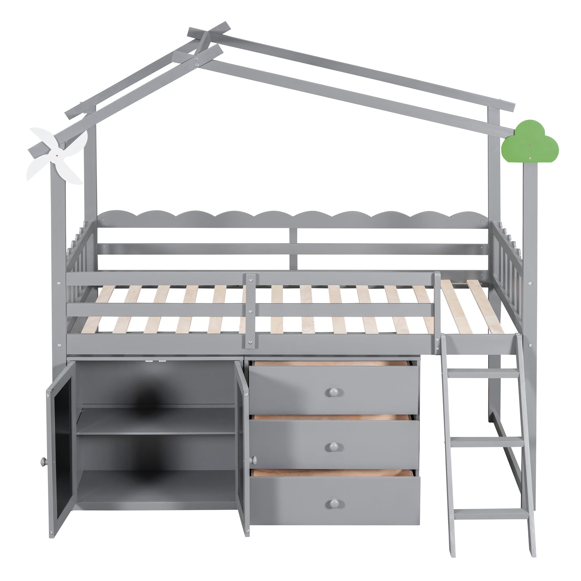 CITYLIGHT Twin Size House Loft Bed with Storage Cabinet and 3 Drawers, Wood Loft Bed Twin with Roof, Blackboards and Guardrail, Kids Playhouse Bed Twin for Teens, Boys, Girls, Grey