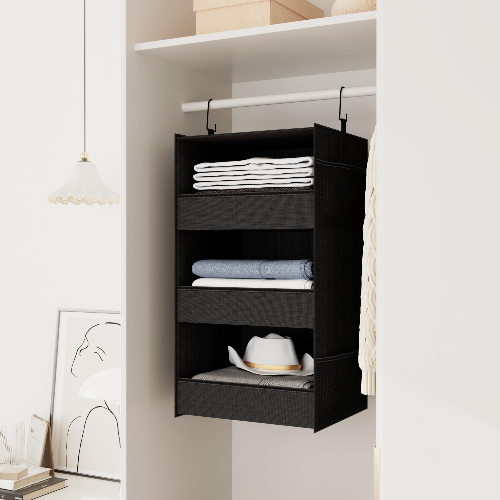 Bosuelife 3-Shelf Hanging Closet Organizer and Storage with Front Lip and Side Pocket Wider Version 3-Tier Hanging Closet Shelves, 29¾"H x 13.5" W x 11.5" D, Black