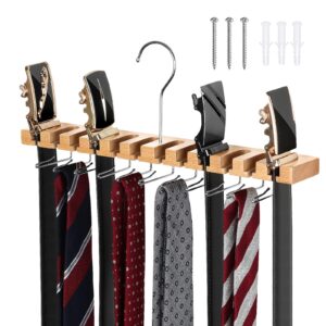 wooden tie rack tie hanger 23 storage, belt hanger for closet 2 in 1 wooden wall mount 12 belts rack + 11 ties organizer, belt rack w/ 360° swivel hook, tie and belt organizer display presentfor men