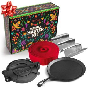 uno casa tortilla master kit - tortilla press 8 inch with comal pan, 4 taco holders and tortilla warmer, unique gift for friends or family, taco tuesday kit