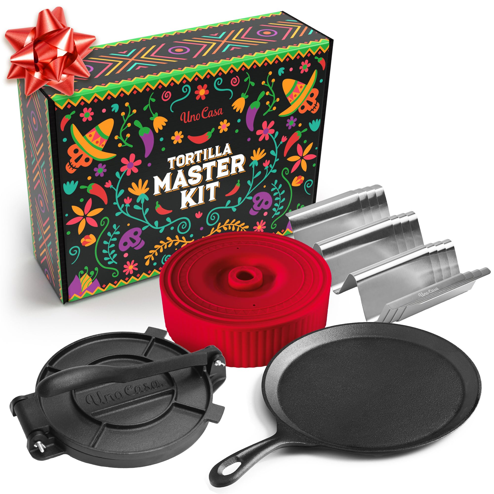 Uno Casa Tortilla Master Kit - Tortilla Press 8 Inch with Comal Pan, 4 Taco Holders and Tortilla Warmer, Unique Gift for Friends or Family, Taco Tuesday Kit