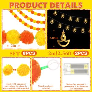 Yunsailing 10 Pcs Diwali Decorations Set Day of The Dead Decorations 5ft Artificial Marigold Garland Flowers and 6.56 ft Diwali Curtain String Lights LED DIY Lights for Indian Home Outdoor Decor