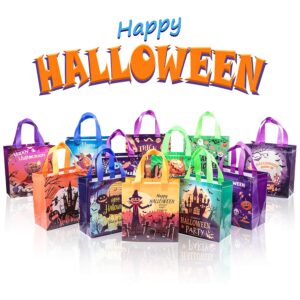 Jaywayang 12Pcs Halloween Trick or Treat Bags, Halloween Tote Bags with Handles for Kids, Halloween Reusable Non-Woven Gift Bags for Gifts Wrapping, Halloween Party Supplies.