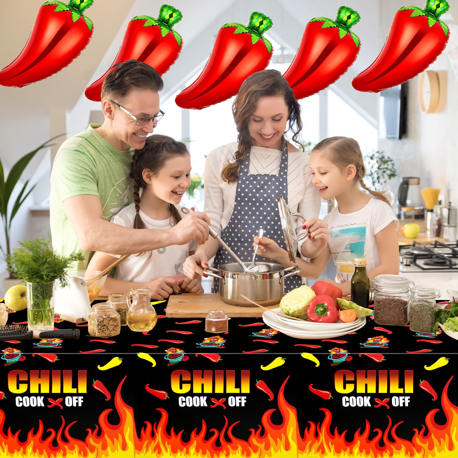 PHOGARY Chili Cook Off Tablecloth for Chili Cookoff Decor, Chili Pepper Tablecloths Disposable, Chili Cookoff Table Cloth Decorations for a Party, BBQ Mexican Chili Cooking Supplies - 51" x 87"(3)