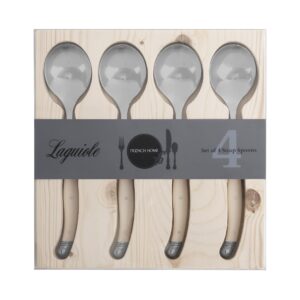 French Home Laguiole Soup Spoons with Faux Ivory Handles (Set of 4) – Stainless Steel Elegant Spoons - Soup Spoons Silverware Set – Dining Utensils Set - Large Soup Spoon Set - Silverware Soup Spoons