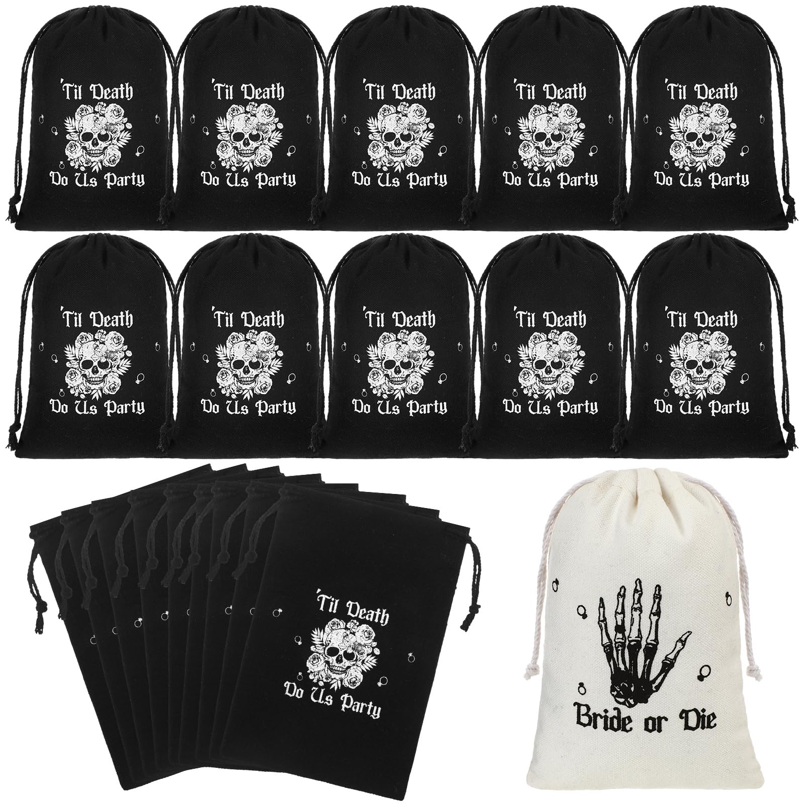 Paterr 20 Pcs Bachelorette Party Hangover Bags Set 5'' x 7'' Bride or Die Till Death Do Us Party Gothic Bachelorette Gift Bag Cotton Drawstring Party Favor Hangover Bags for Wedding Survival Recovery