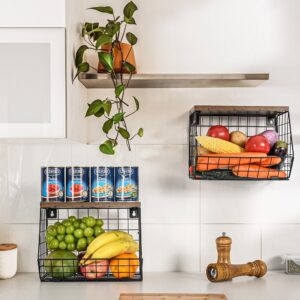 2 Pack Stackable Fruit Baskets with Wood Lid for Kitchen Counter, Wall-Mountable Hanging Wire Baskets with 4 Banana Hanger Hooks, Kitchen Organizers and Storage for Vegetable Onion Potato