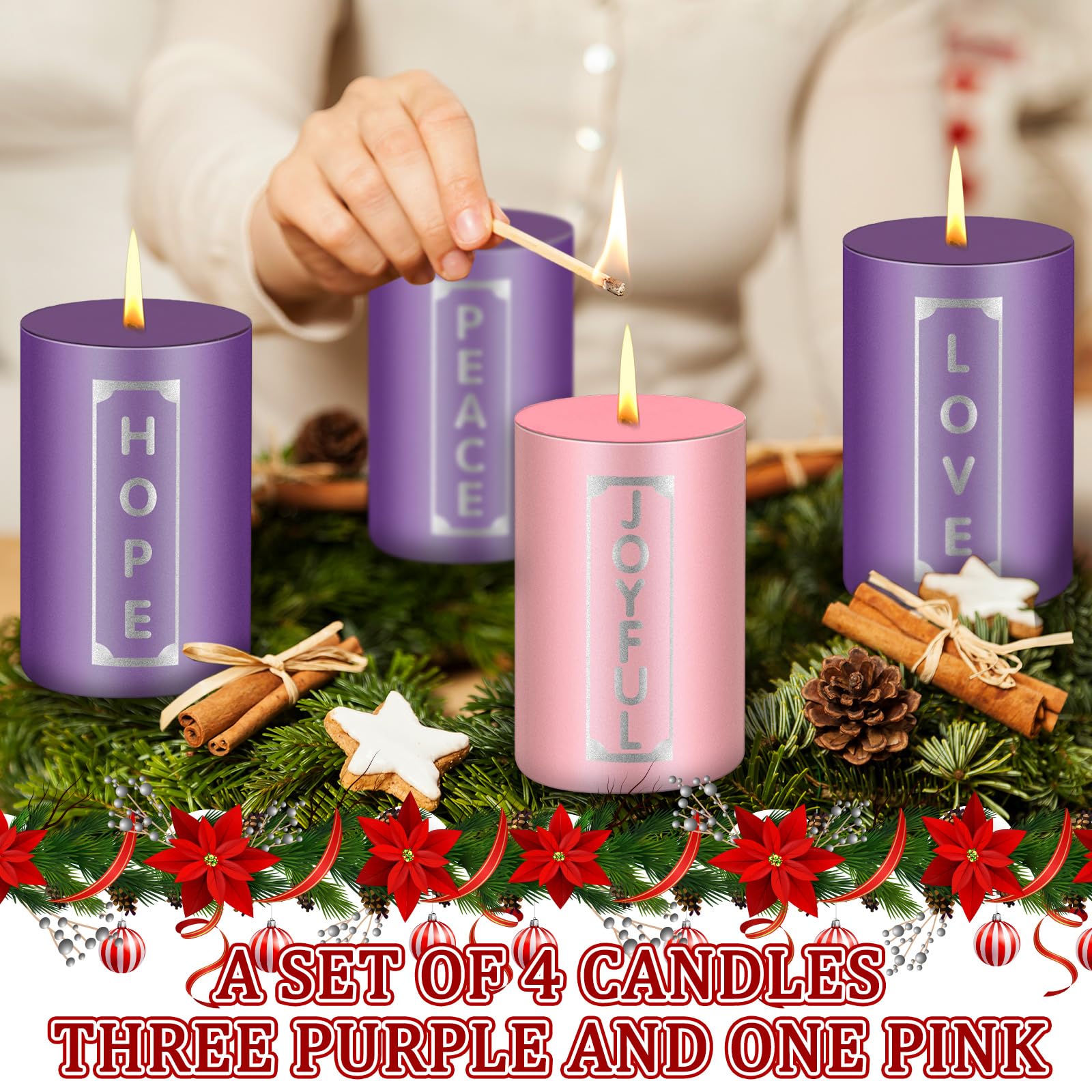 MTLEE Set of 4 Christmas Advent Candles with Words Pillar Candles Advent Wreath Candles for Adult Home Wedding Advent Rings Wreaths Church Receptions Celebrations, Purple Pink (2 x 3'')