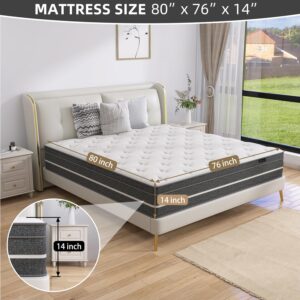 Hohamn King Size Mattress, 14 Inch Hybrid Mattress in a Box, King Mattress Foam and Individually Wrapped Pocket Coils, Soft and Breathable, Pressure Relief, Strong Edge Support, Medium Firm