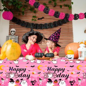 LARRAZABAL 3Pcs Happy Boo Day Tablecloth, Pink Halloween Plastic Tablecloth Disposable Ghost Theme Table Cover for Halloween Birthday Party Supplies, 54 x 108 Inch