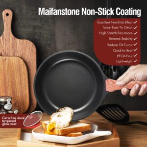 NBTX Non Stick Frying Pans, Deep Frying Pan with Lid, Skillet, Saute Pan, Minimal Smoke, Easy Clean-up, Induction Compatible, 10.6"/3.98Qt, Maifanstone Coating, Wooden Handle, Black