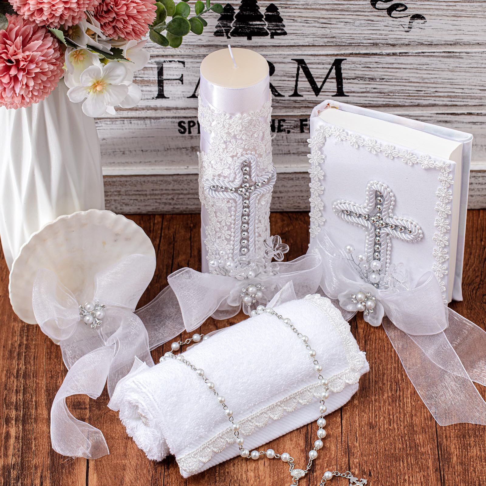 5 Pcs Baptism Candle Set for Boys Girls Included Candle Baptismal Devotional Candle, Baptism Towel, Rosary, Bible, Shell Kit with Pearls Details for Christenings Favor (Cross,Silver)