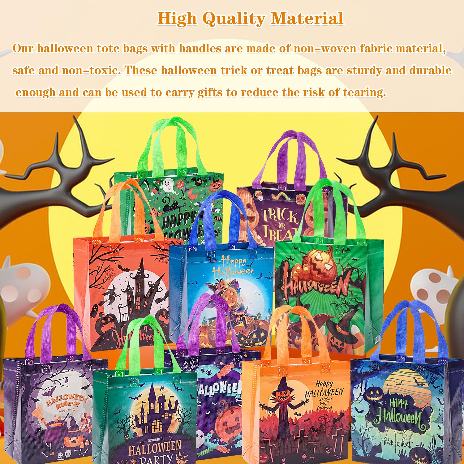 Jaywayang 12Pcs Halloween Trick or Treat Bags, Halloween Tote Bags with Handles for Kids, Halloween Reusable Non-Woven Gift Bags for Gifts Wrapping, Halloween Party Supplies.