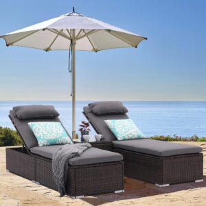 iArtHand 3 PCS Patio Chaise Lounge Outdoor Lounge Chair Patio Reclining Chair with Coffee Table Cushion&Pillow 5 Angle Adjustment PE Rattan Chair for Courtyards Poolside Garden (Coffee-D)