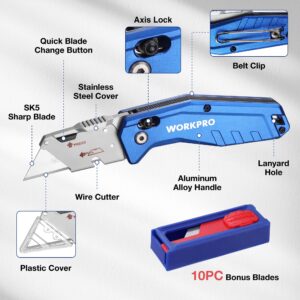 WORKPRO Premium Axis Lock Utility Knife Folding, Heavy Duty Metal Box Cutter with Quick Open Lock, Quick Change Blade Razor Knife, Foldable Pocket Knife with Belt Clip