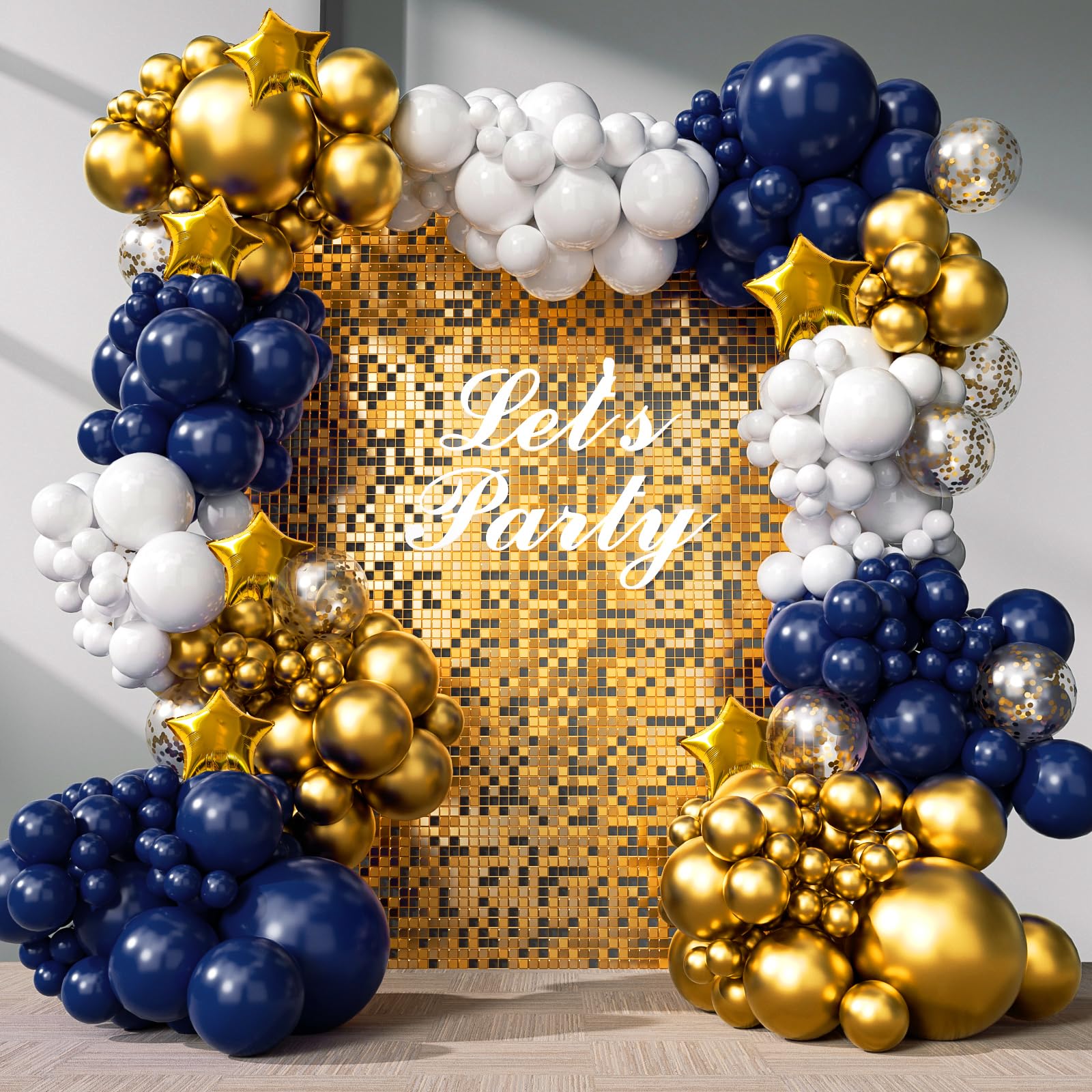 187pcs Navy Blue and Gold Balloons Arch Garland Kit, 5 10 12 18 inch Royal Blue Gold White Balloons with Gold Star Foil Balloons for Anniversary Wedding New Year Birthday Party Decorations