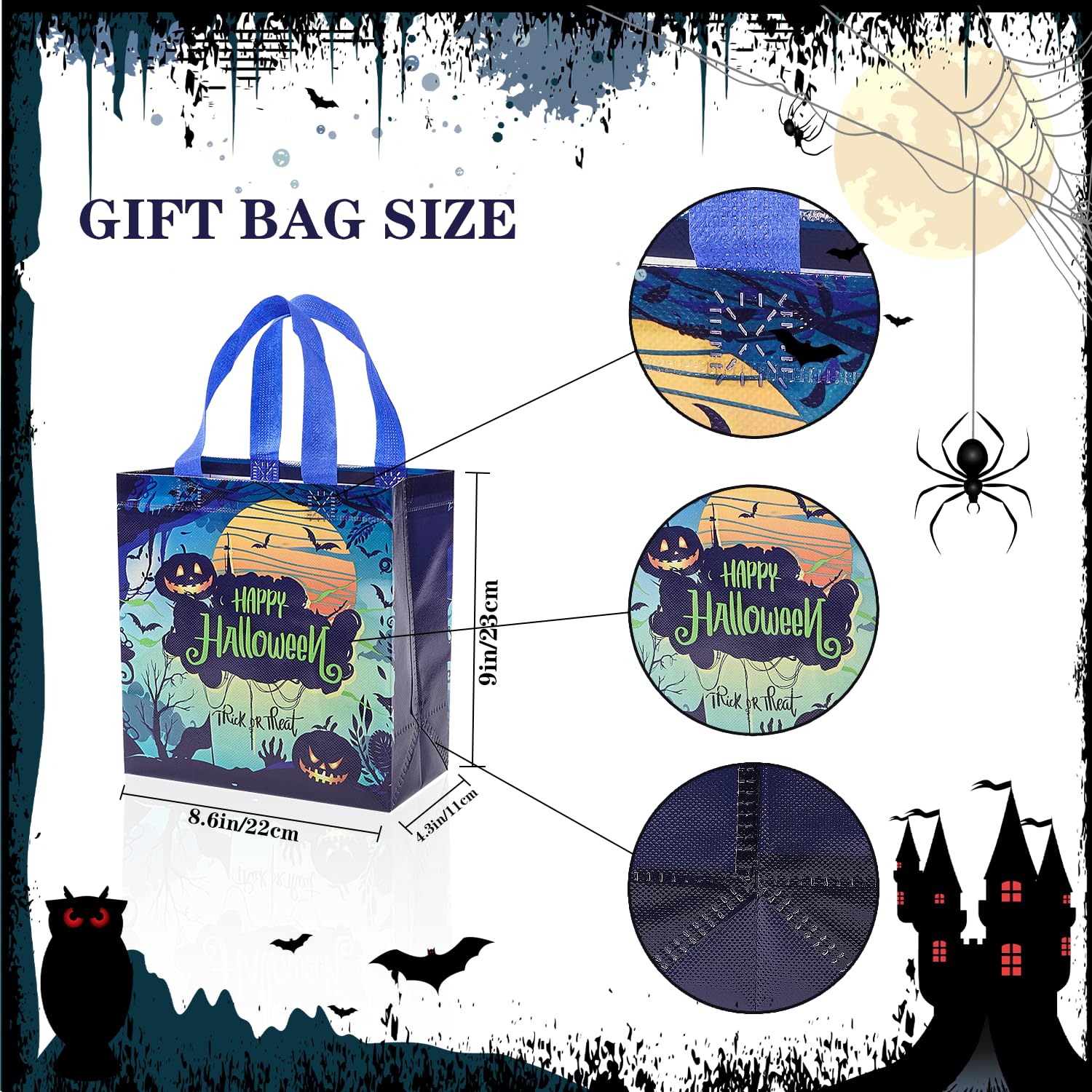 Jaywayang 12Pcs Halloween Trick or Treat Bags, Halloween Tote Bags with Handles for Kids, Halloween Reusable Non-Woven Gift Bags for Gifts Wrapping, Halloween Party Supplies.