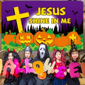 Halloween Christian Pumpkin Backdrop Banner Let Jesus Light Your Way Party Decor Halloween Jesus Pumpkin Background Wall Decor Halloween Religious Supplies for Kids Sunday School Decor 71 x 43 inch