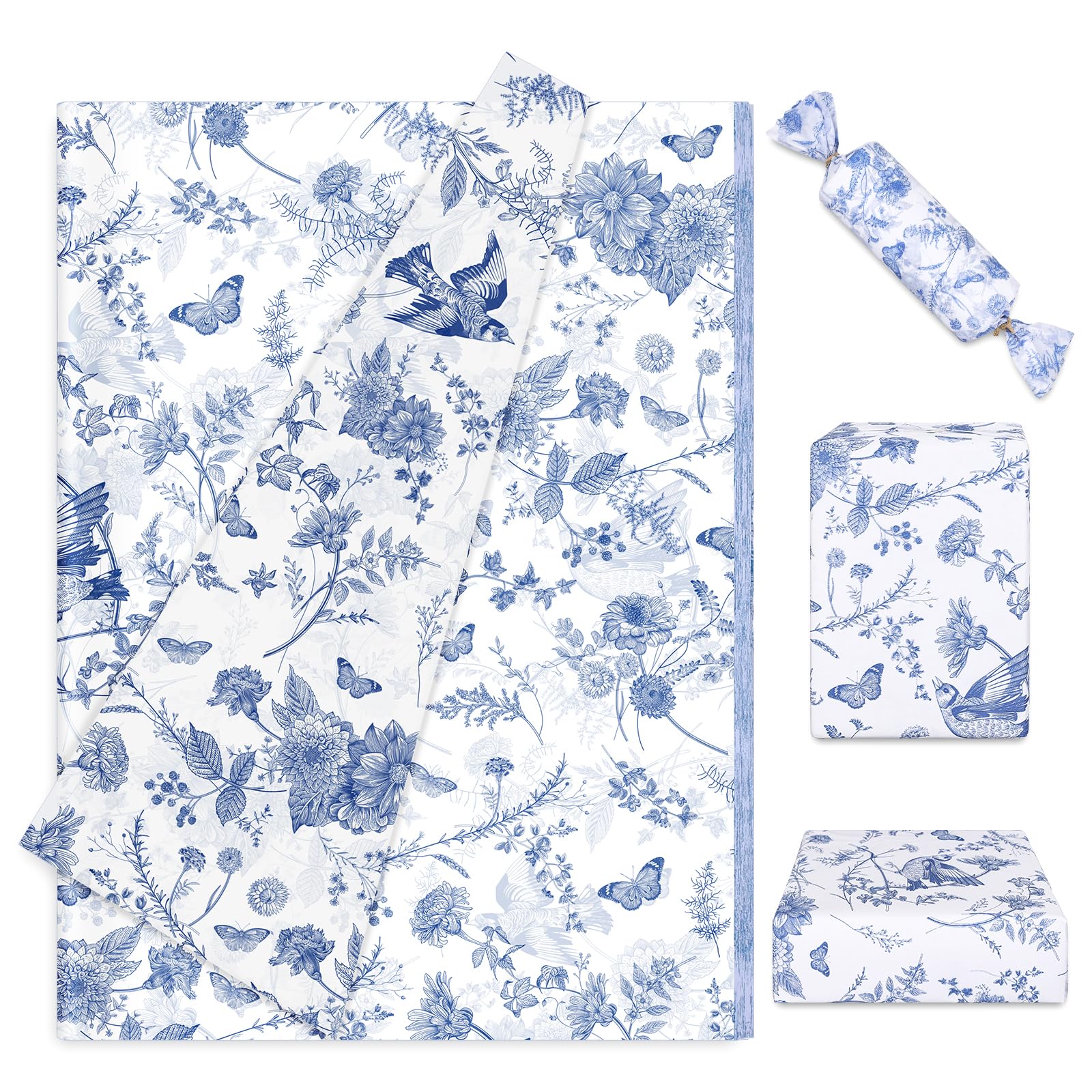 Whaline 100 Sheet Blue Floral Tissue Paper Chinoiserie Gift Wrapping Paper Blue Bird Butterfly Packaging Paper DIY Art Craft Paper for Baby Shower Wedding Birthday Party Decoration, 13.7x19.6 Inch