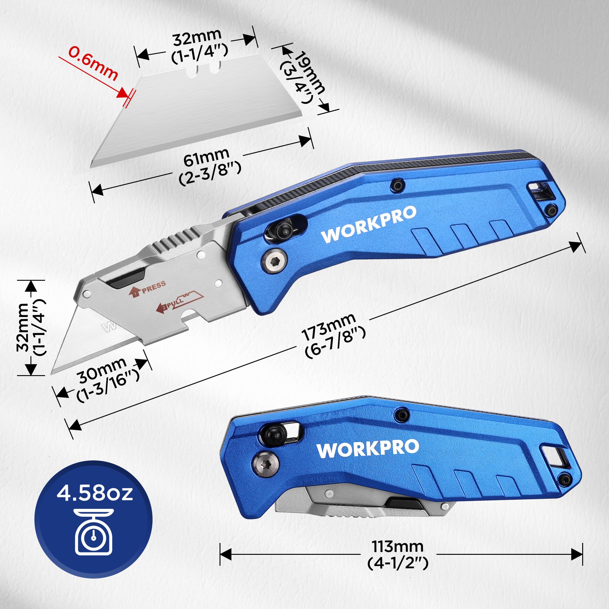 WORKPRO Premium Axis Lock Utility Knife Folding, Heavy Duty Metal Box Cutter with Quick Open Lock, Quick Change Blade Razor Knife, Foldable Pocket Knife with Belt Clip