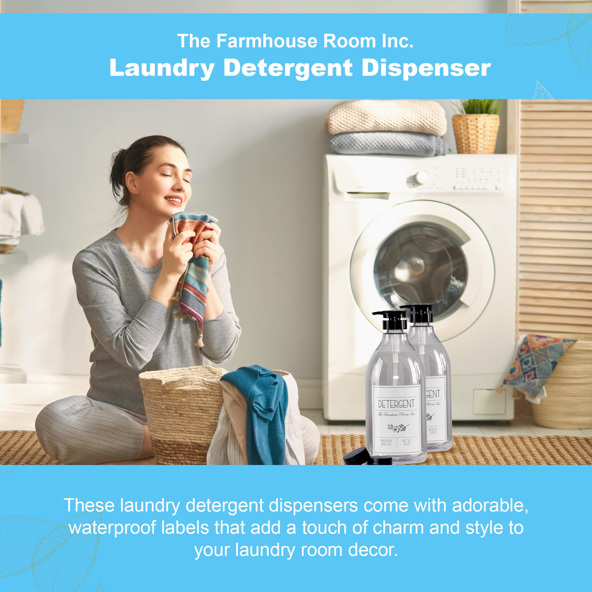 The Farmhouse Room Inc. Laundry Detergent Liquid Dispenser - Detergent Container for Laundry Room Organization - BPA Free & PET Plastic 1/2 Gallon Pump Bottle Dispenser - w/Waterproof Labels 64oz