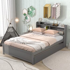 Bellemave Full Bookcase Bed with Trundle, Wood Platform Beds with Storage Headboard and Slat Support for Kids Boys Girls Teens, No Box Spring Needed, Full Size, Gray