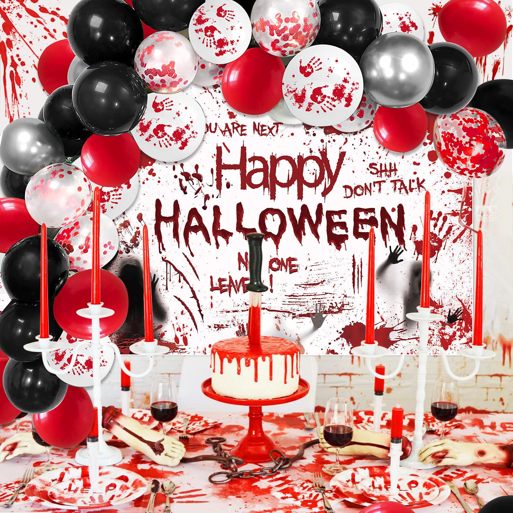 Halloween Balloon Arch Kit Scary Halloween Party Decorations, Horror Balloons Garland for Wall Decor Indoor with HAPPY HALLOWEEN Backdrop