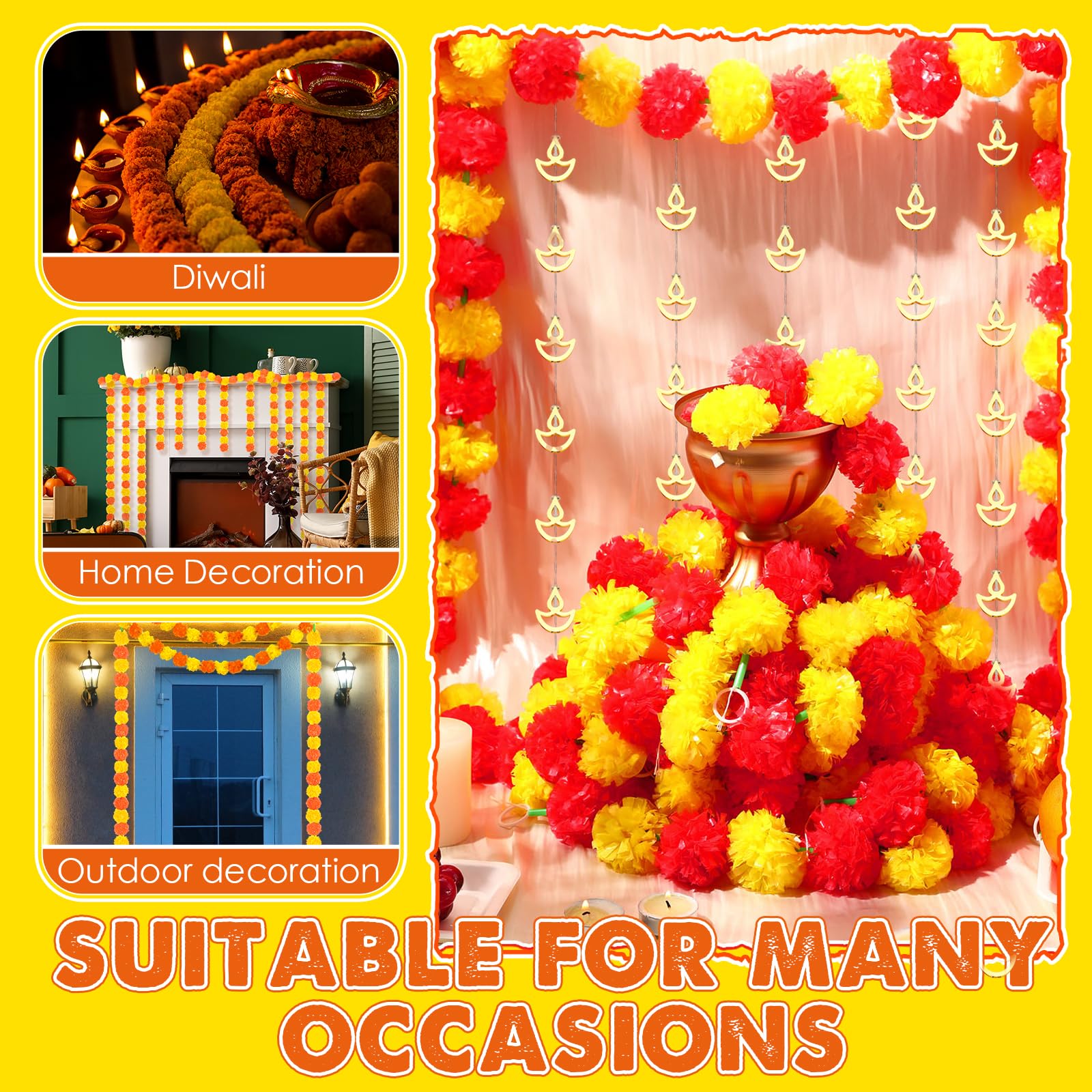 Yunsailing 10 Pcs Diwali Decorations Set Day of The Dead Decorations 5ft Artificial Marigold Garland Flowers and 6.56 ft Diwali Curtain String Lights LED DIY Lights for Indian Home Outdoor Decor