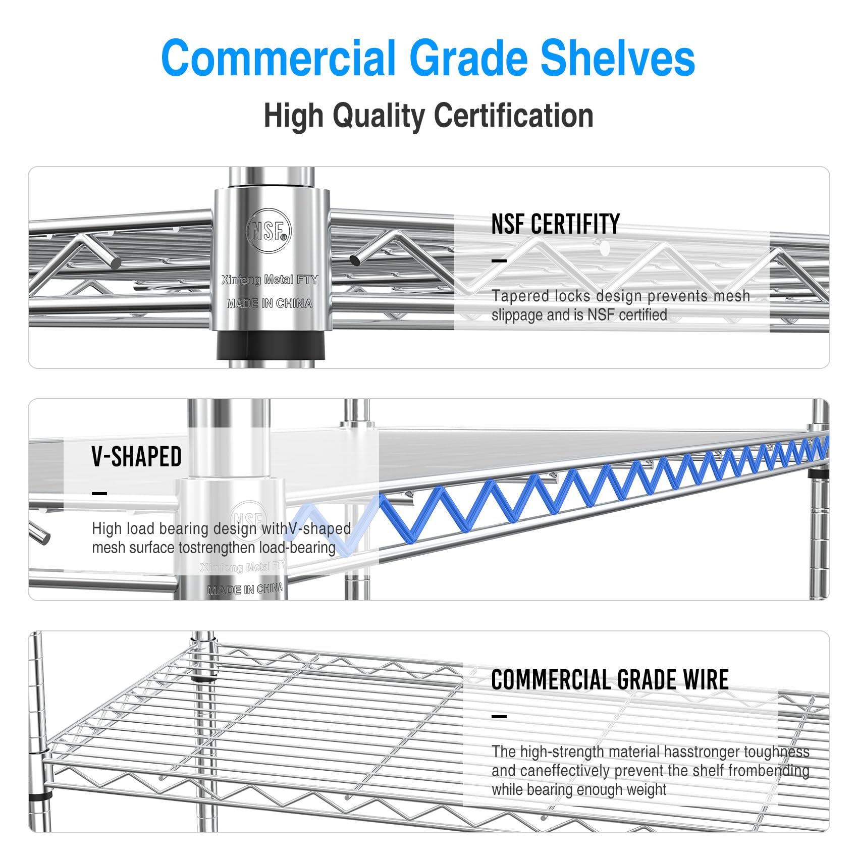 pouseayar 3 Tier NSF Metal Shelf Wire Shelving Unit, 1050lbs Capacity Heavy Duty Adjustable Storage Rack with Shelf Liners for Closet Kitchen Garage Basement, 48" H x 48" L x 18" D - Chrome