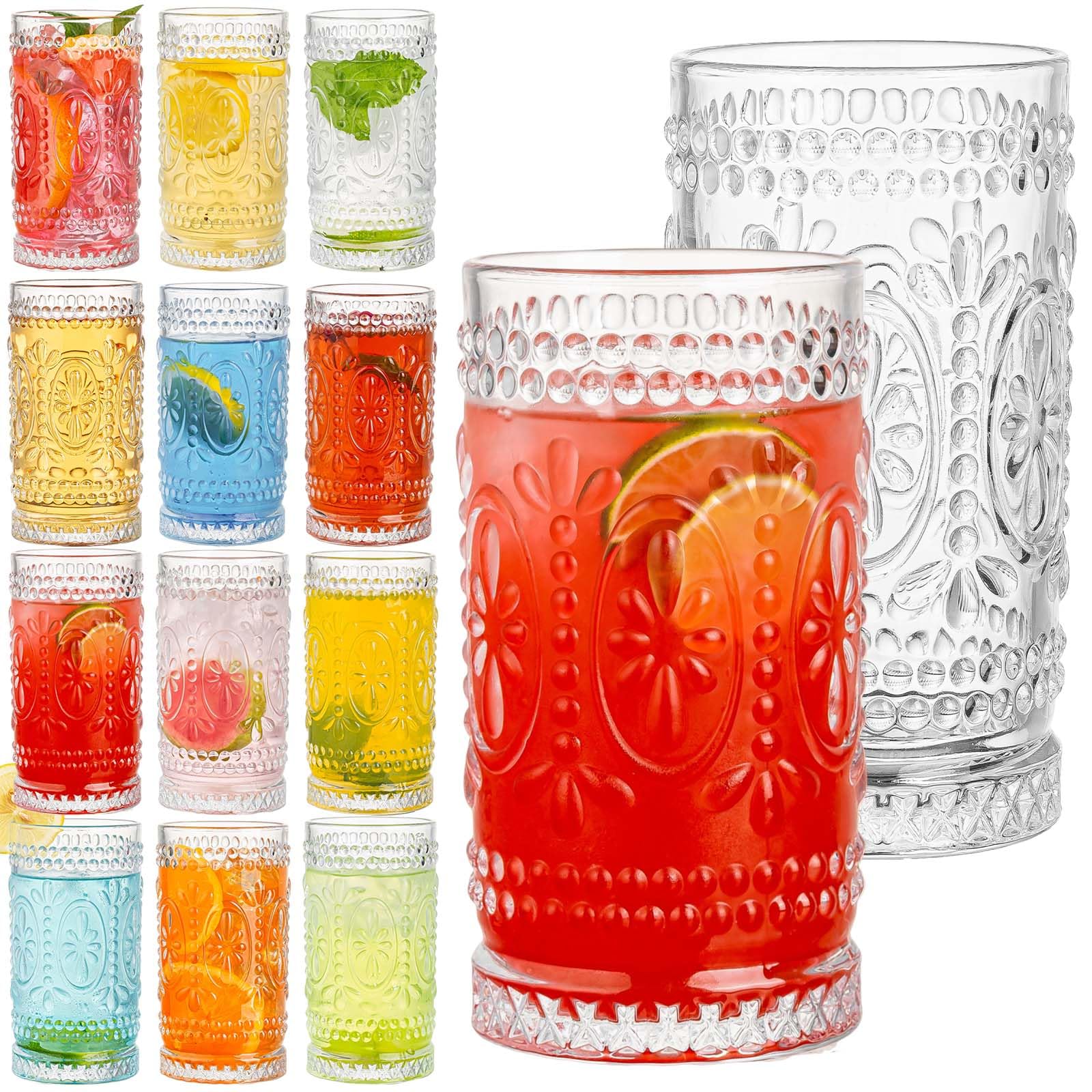 Claplante Vintage Drinking Glasses, 12 pcs Romantic Highball Glasses, 15oz Glass Cups,Tall Water Glass Tumblers, Mojito Cups, Cocktail Glass, Vintage Glassware Set for Juice, Cocktail, Whiskey