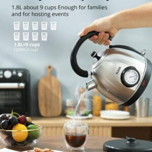 Retro Electric Water Kettle 1.8L Stainless Steel for Boiling Water with Temperature Gauge, Visible Water Level Line, Led Light, Auto Shut-Off & Boil-Dry Protection, 1500W Fast Heating