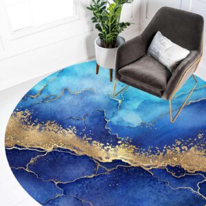 Turquoise Gold Marble Abstract Modern Round Area Rug for Livingroom Bedroom Ultra Soft Wool Circle Carpet Under Dining Table Office Circular Floor Rug 6ft