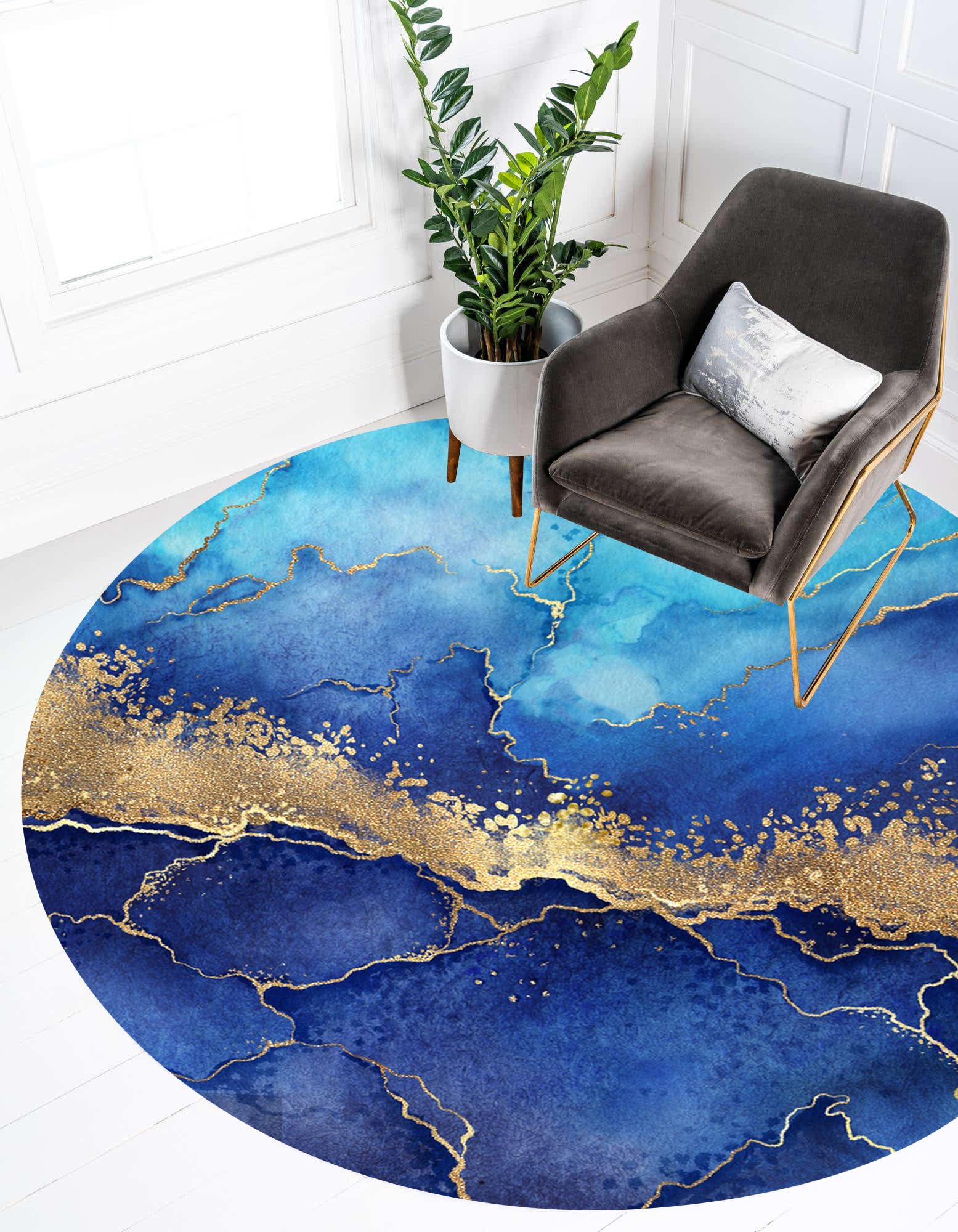 Turquoise Gold Marble Abstract Modern Round Area Rug for Livingroom Bedroom Ultra Soft Wool Circle Carpet Under Dining Table Office Circular Floor Rug 6ft