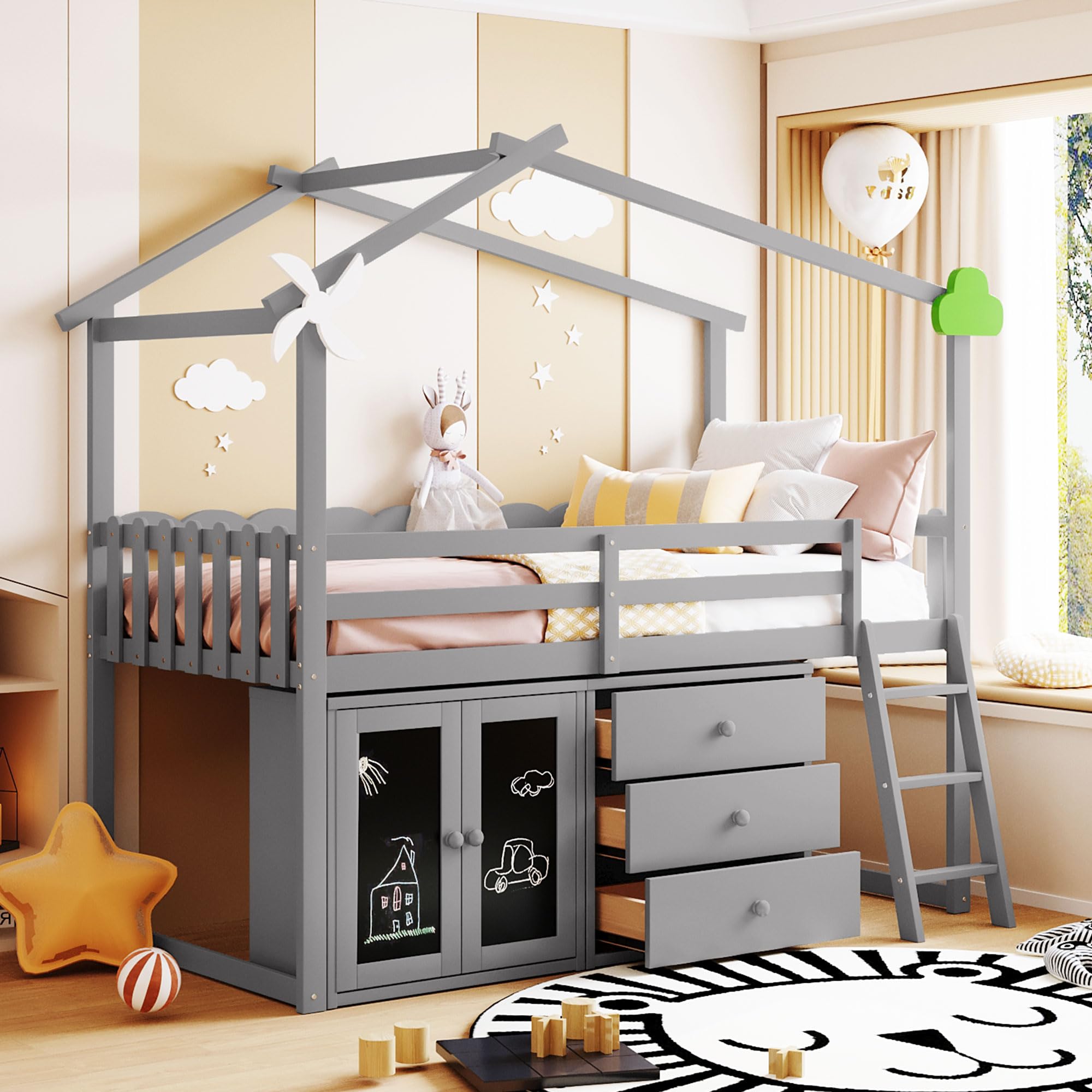 CITYLIGHT Twin Size House Loft Bed with Storage Cabinet and 3 Drawers, Wood Loft Bed Twin with Roof, Blackboards and Guardrail, Kids Playhouse Bed Twin for Teens, Boys, Girls, Grey