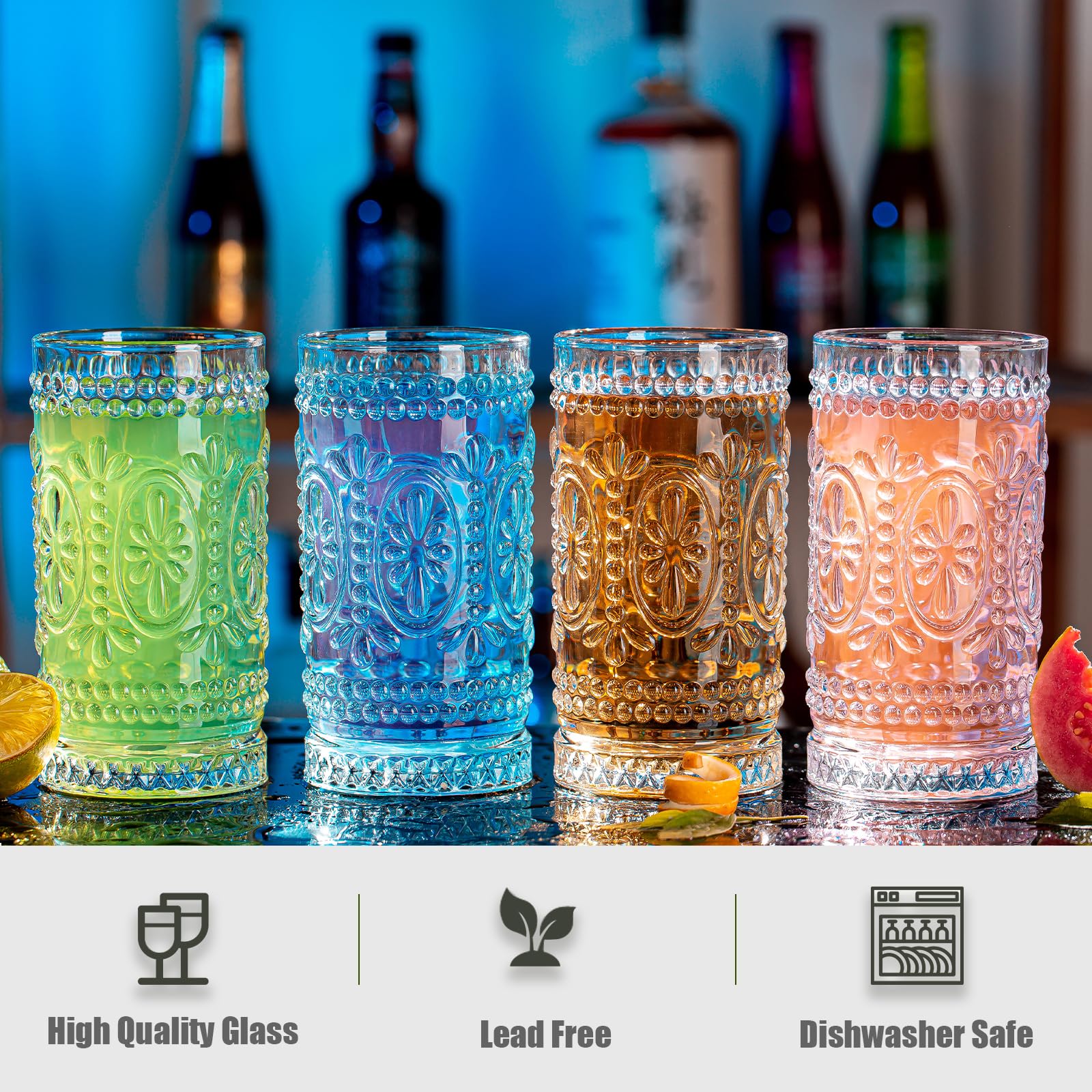 Claplante Vintage Drinking Glasses, 12 pcs Romantic Highball Glasses, 15oz Glass Cups,Tall Water Glass Tumblers, Mojito Cups, Cocktail Glass, Vintage Glassware Set for Juice, Cocktail, Whiskey