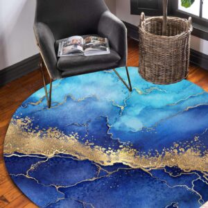 Turquoise Gold Marble Abstract Modern Round Area Rug for Livingroom Bedroom Ultra Soft Wool Circle Carpet Under Dining Table Office Circular Floor Rug 6ft