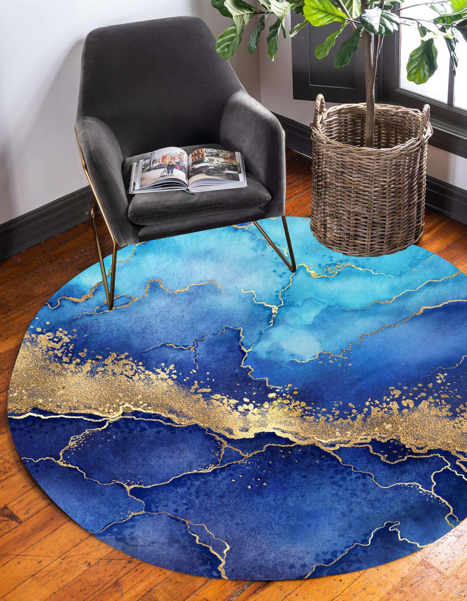 Turquoise Gold Marble Abstract Modern Round Area Rug for Livingroom Bedroom Ultra Soft Wool Circle Carpet Under Dining Table Office Circular Floor Rug 6ft