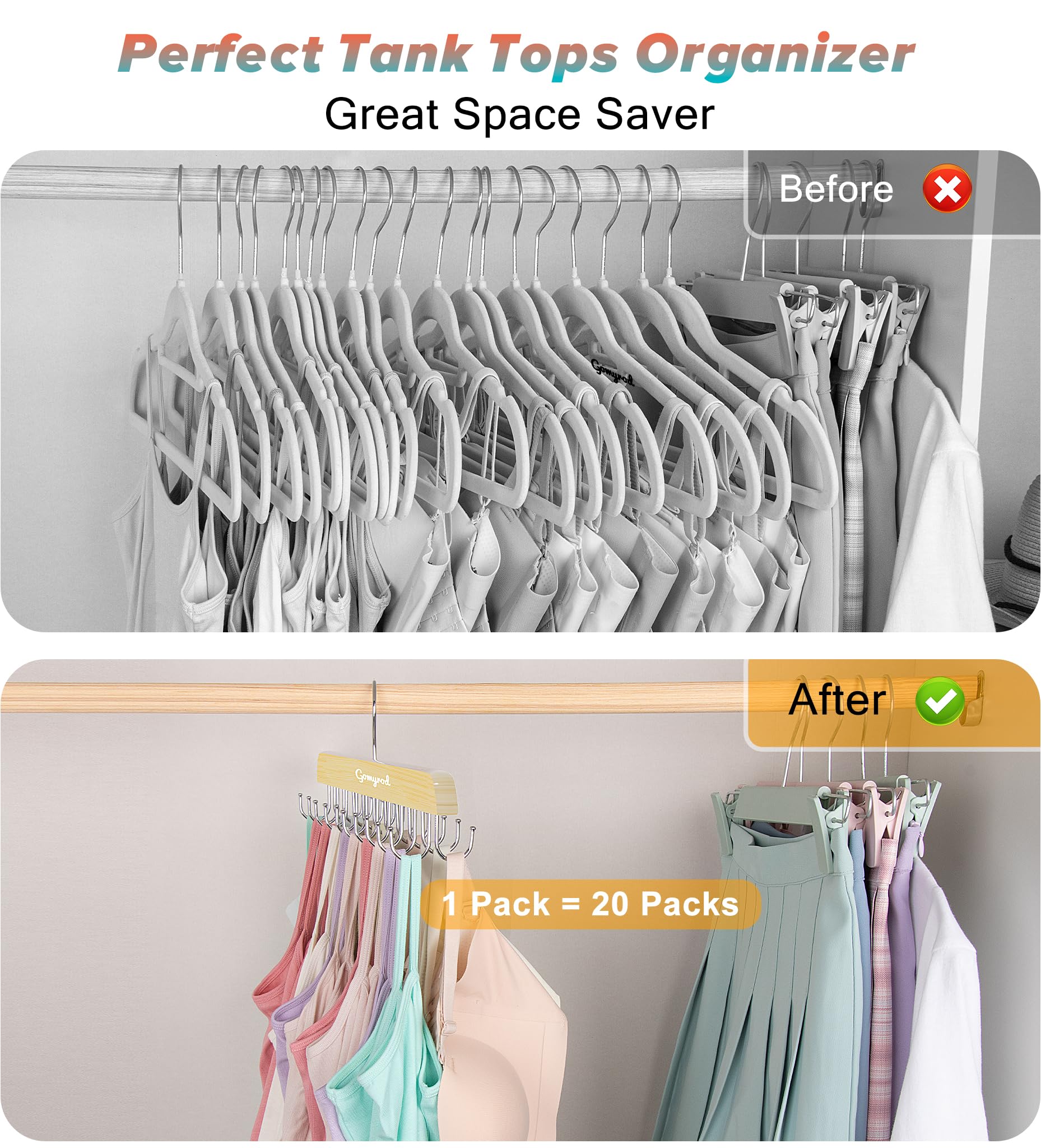 Gomyrod Bra Hanger for Closet, Tank Top Hanger 2 Pack w/20 Hooks Holds 40 Bras, Capacity Foldable Wood Space Saving Hanger, 360°Rotating Closet Organizers and Storage for Dorm & Apartment