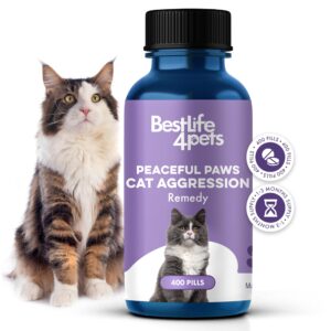 anti aggresion for cats calming remedy - a natural diffuser and cat calming aid for stress, spritefull spraying, scratcihng & territorial behavior - non-drowsy - 400 odorless, tasteless pills