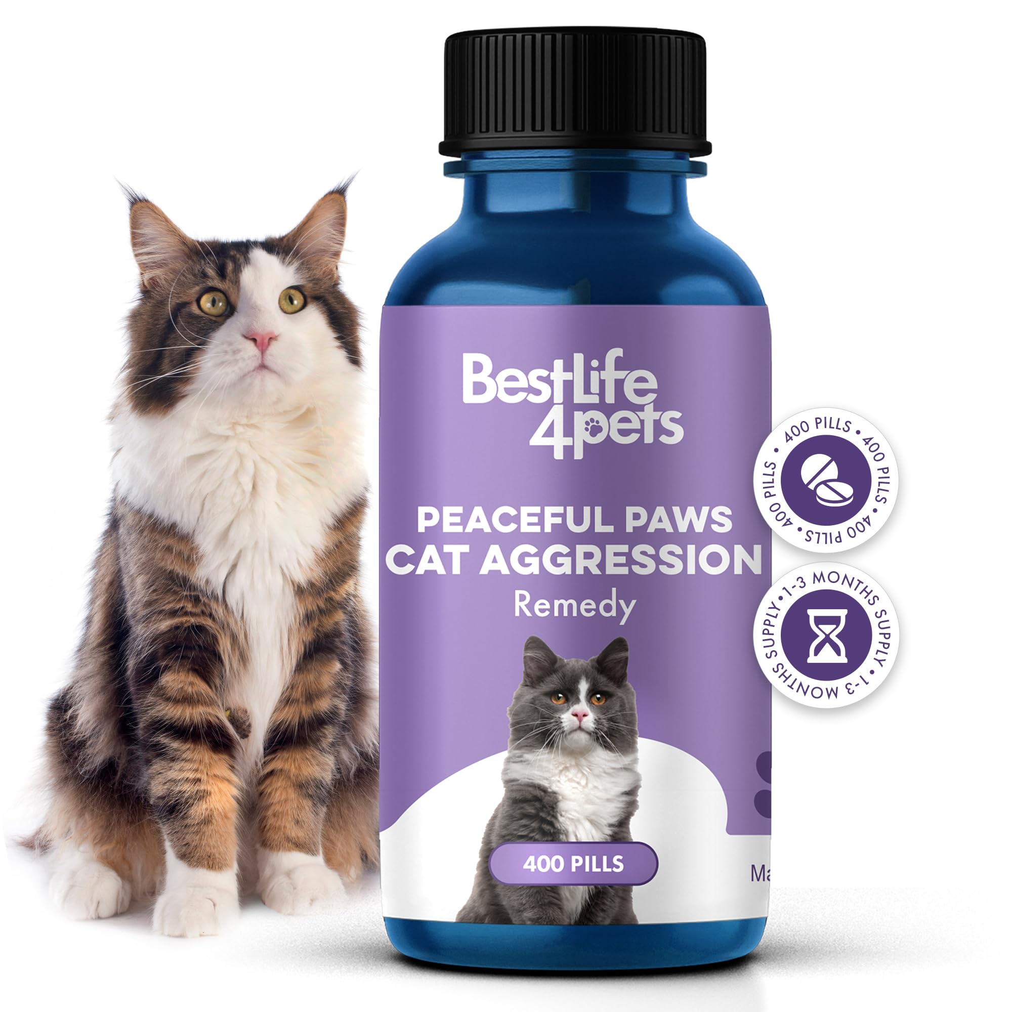 Anti Aggresion for Cats Calming Remedy - A Natural Diffuser and Cat Calming Aid for Stress, Spritefull Spraying, Scratcihng & Territorial Behavior - Non-Drowsy - 400 Odorless, Tasteless Pills