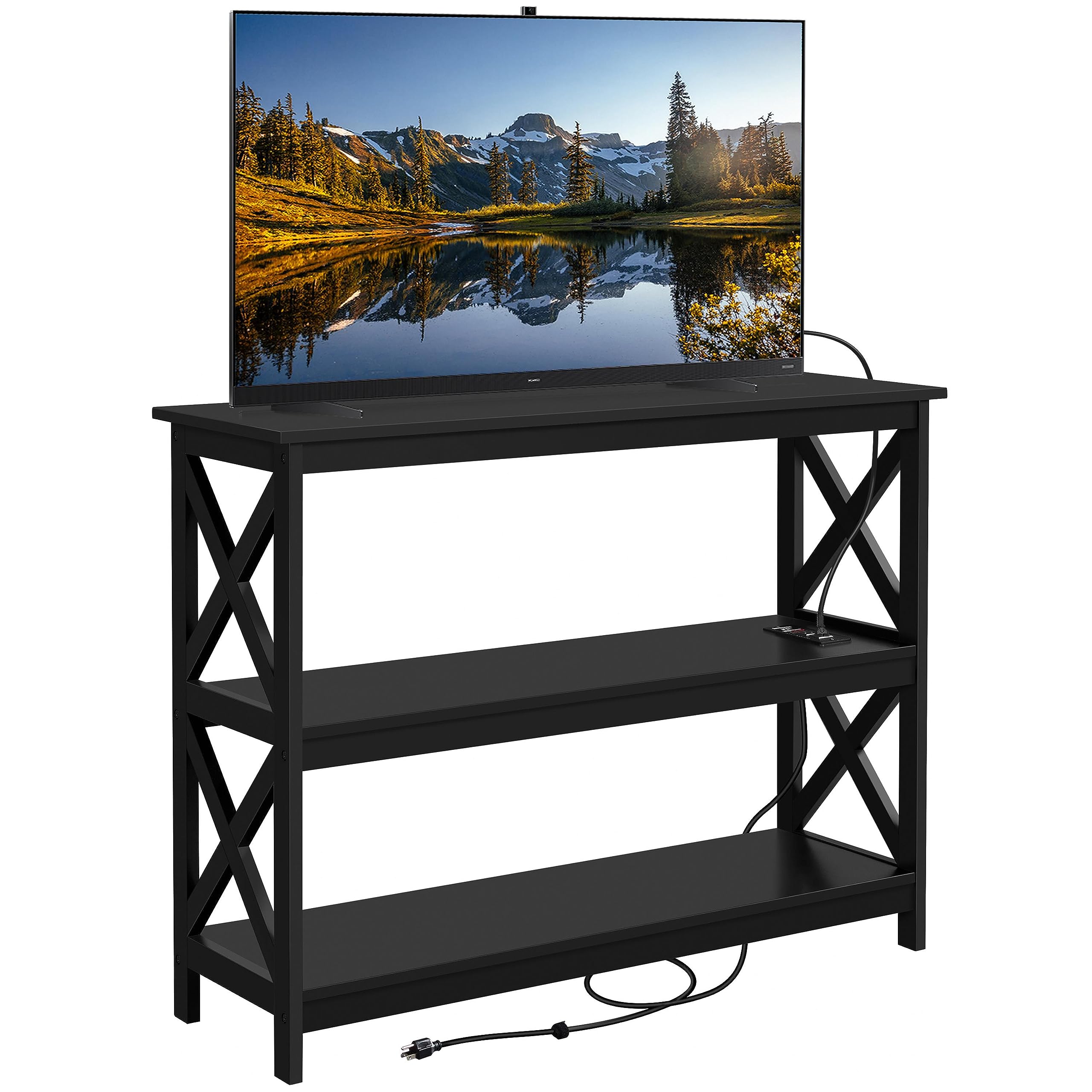 Yaheetech TV Stand with Power Outlet, Entertainment Center for TV up to 45 inch, Wood Open Storage Shelf, Media Console Table for Living Room Bedroom, Black