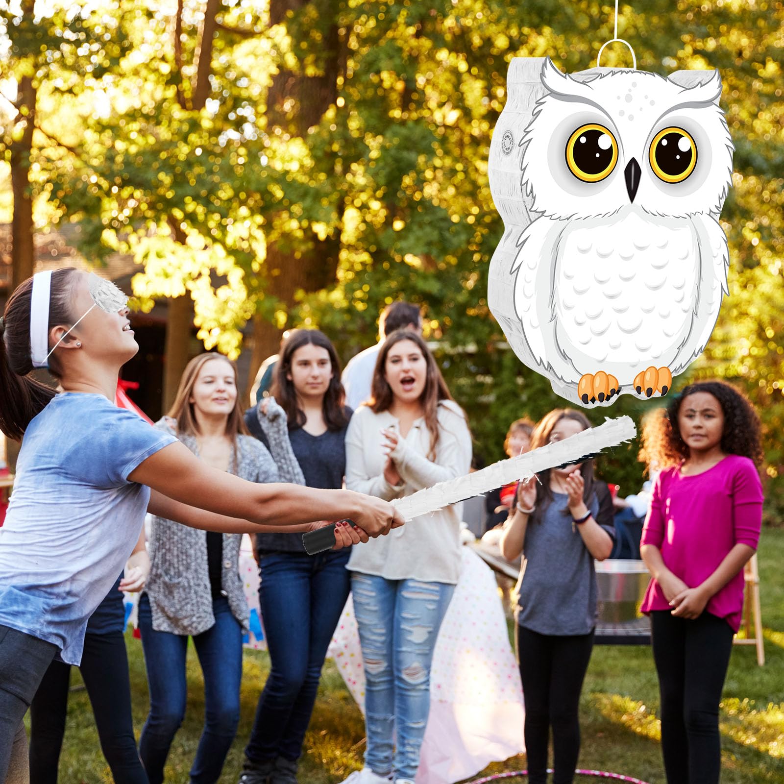 Aoriher Owl Piñata with Piñatas Stick Blindfold Confetti 3D White Snowy Owl Piñatas set for Woodland Forest Wizard Animal Owl Party Shower Game Birthday Party Decorations Supplies