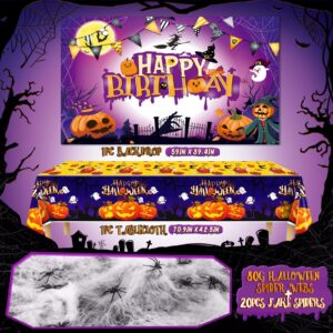 Halloween Birthday Party Decorations, Halloween Themed Birthday Party Decorations with Purple Orange Balloons Garland Happy Birthday Backdrop Tablecloth Spider Web for Halloween Boo Day Decorations