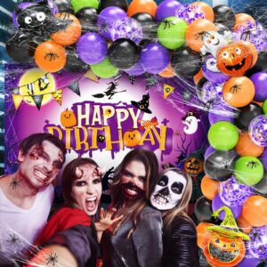 Halloween Birthday Party Decorations, Halloween Themed Birthday Party Decorations with Purple Orange Balloons Garland Happy Birthday Backdrop Tablecloth Spider Web for Halloween Boo Day Decorations