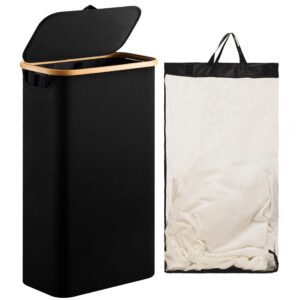 joybest 63l slim laundry hamper with lid, black narrow laundry basket with removable inner bag & bamboo handles, skinny dirty clothes hamper for bathroom, bedroom & laundry room