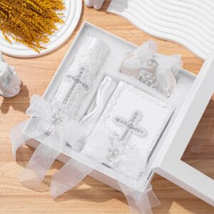 5 Pcs Baptism Candle Set for Boys Girls Included Candle Baptismal Devotional Candle, Baptism Towel, Rosary, Bible, Shell Kit with Pearls Details for Christenings Favor (Cross,Silver)