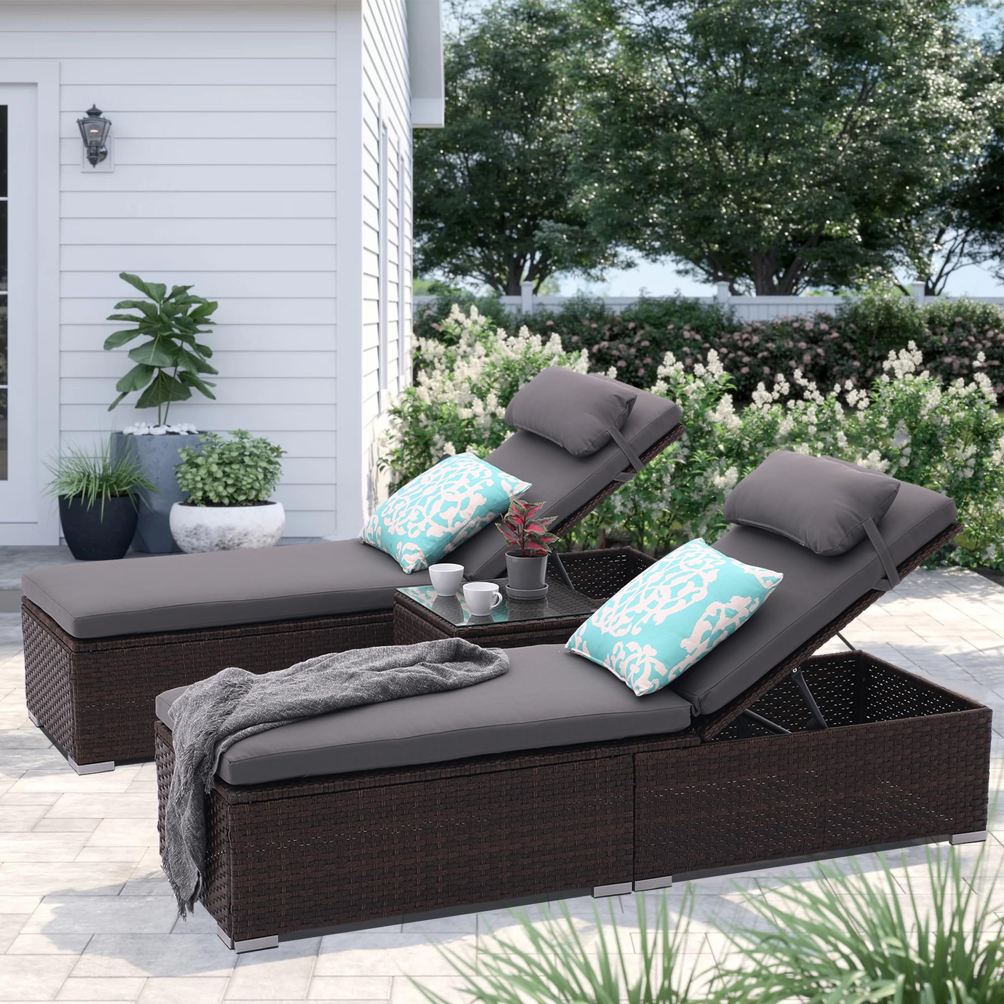 iArtHand 3 PCS Patio Chaise Lounge Outdoor Lounge Chair Patio Reclining Chair with Coffee Table Cushion&Pillow 5 Angle Adjustment PE Rattan Chair for Courtyards Poolside Garden (Coffee-D)