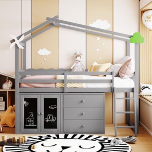 CITYLIGHT Twin Size House Loft Bed with Storage Cabinet and 3 Drawers, Wood Loft Bed Twin with Roof, Blackboards and Guardrail, Kids Playhouse Bed Twin for Teens, Boys, Girls, Grey