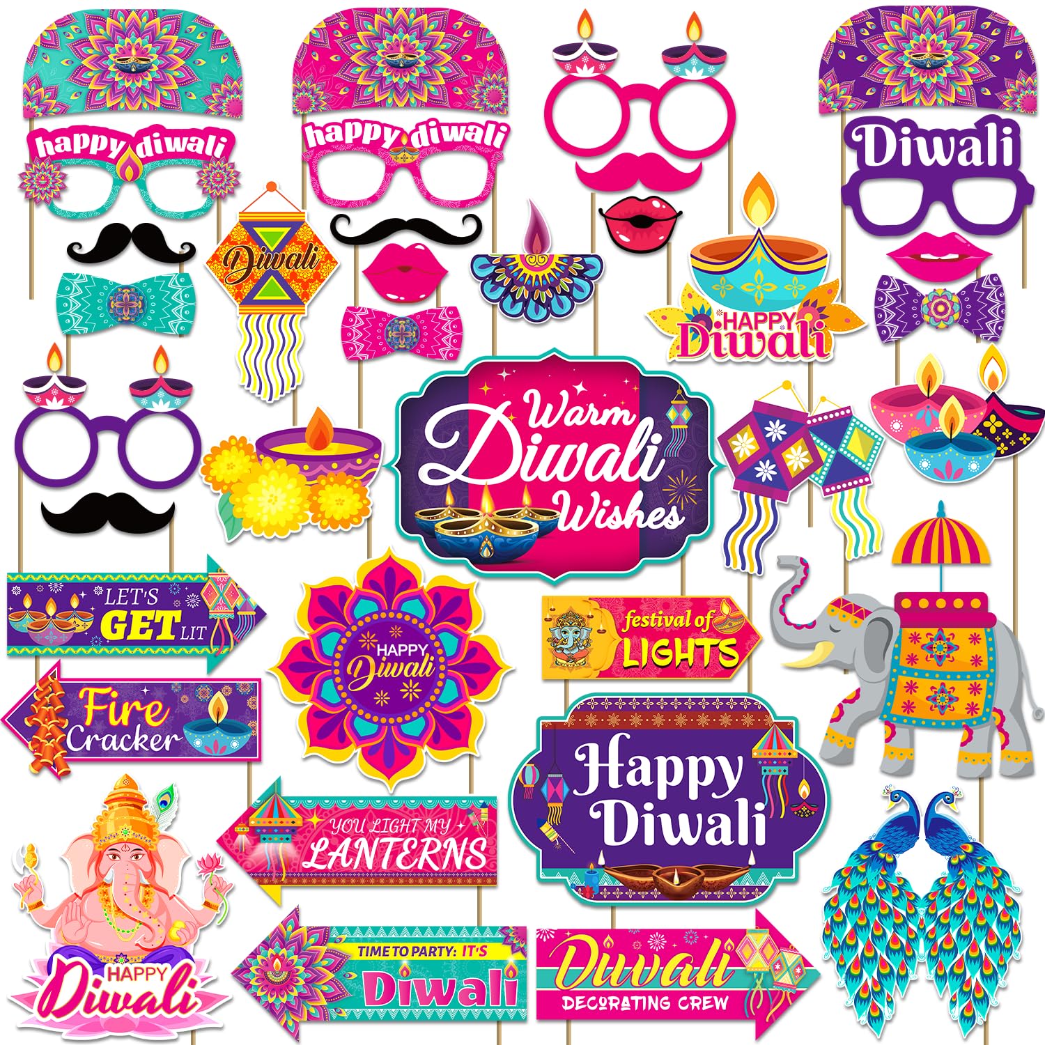 36Pcs Diwali Decorations Happy Diwali Photo Booth Props, Diwali Decorations for Home Diwali Party Photo Booth, India Festival of Lights Diwali Props, Photo Booth Diwali for India Festival