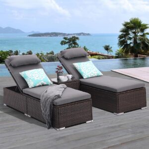 iArtHand 3 PCS Patio Chaise Lounge Outdoor Lounge Chair Patio Reclining Chair with Coffee Table Cushion&Pillow 5 Angle Adjustment PE Rattan Chair for Courtyards Poolside Garden (Coffee-D)